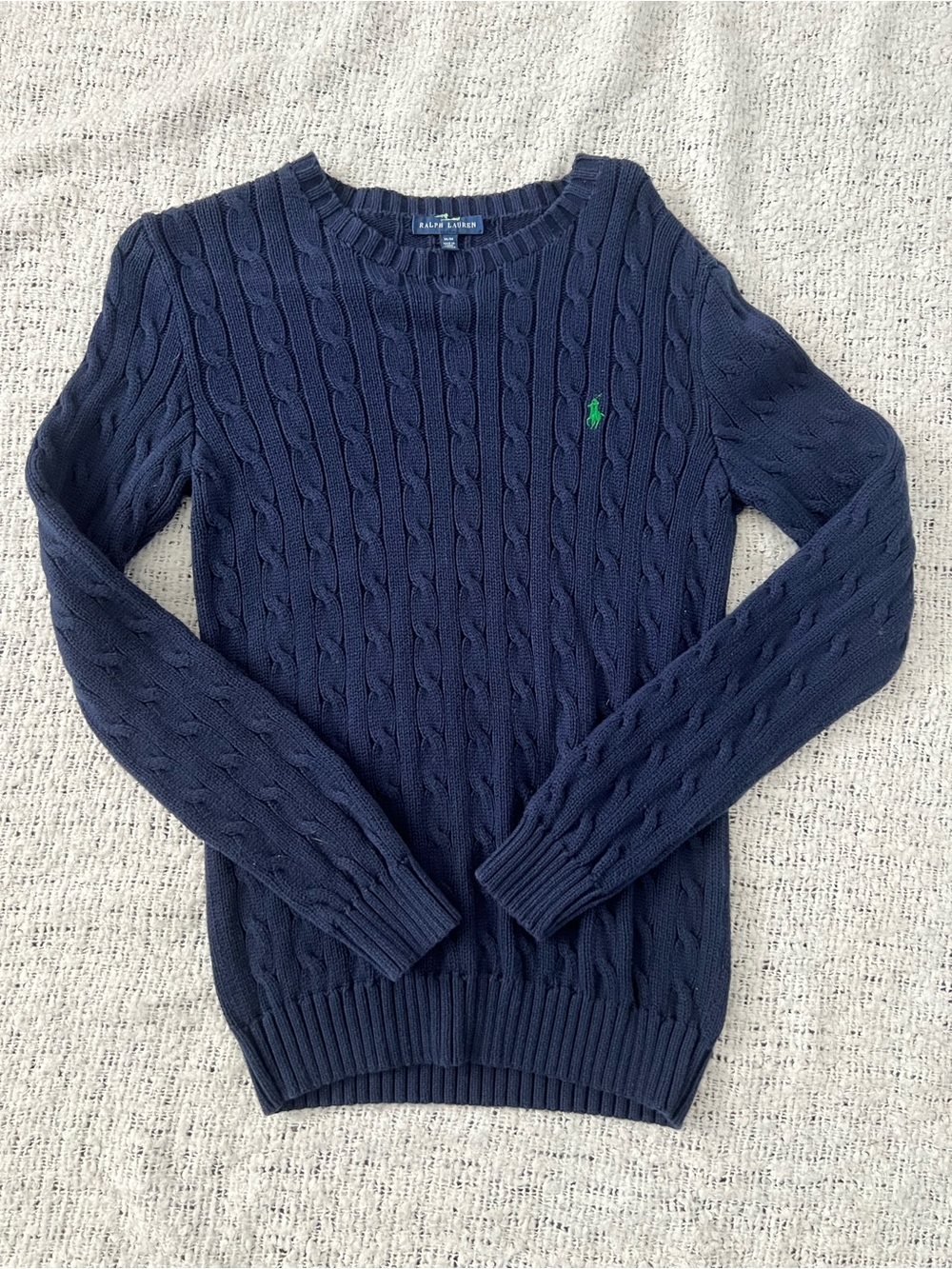 Ralph Lauren Navy Cable Crewneck Sweater with Green Polo Pony